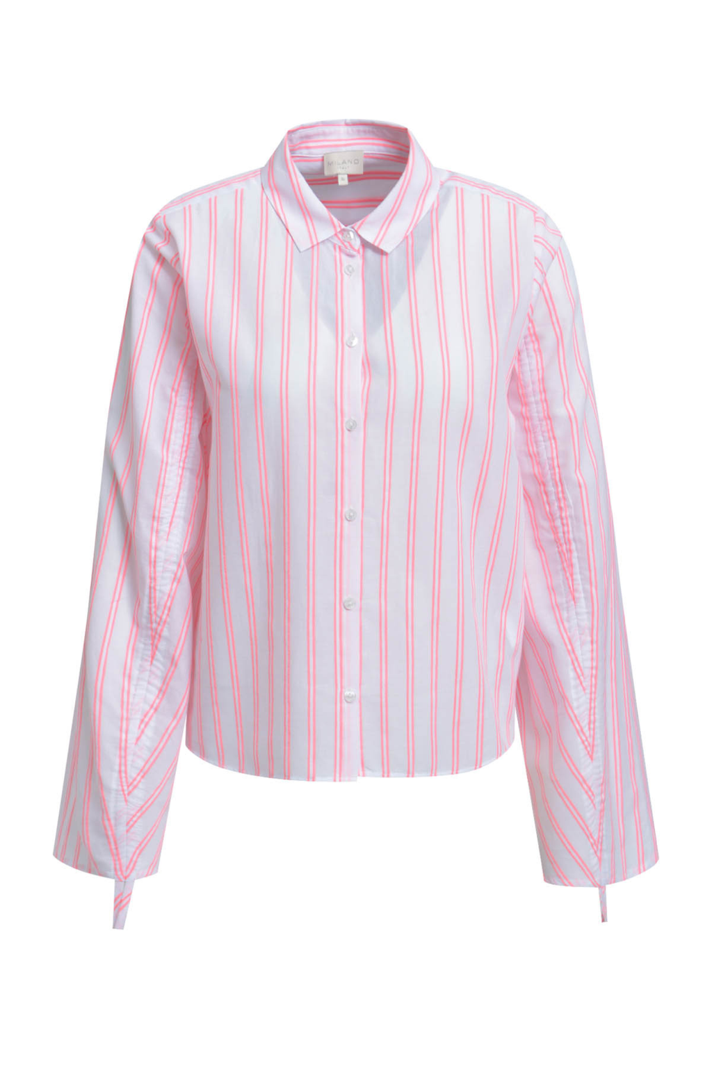 A fresh, lightweight shirt blouse from Milano Italy in a soft pink base with neon coral stripes. Shop now at Dotique.
