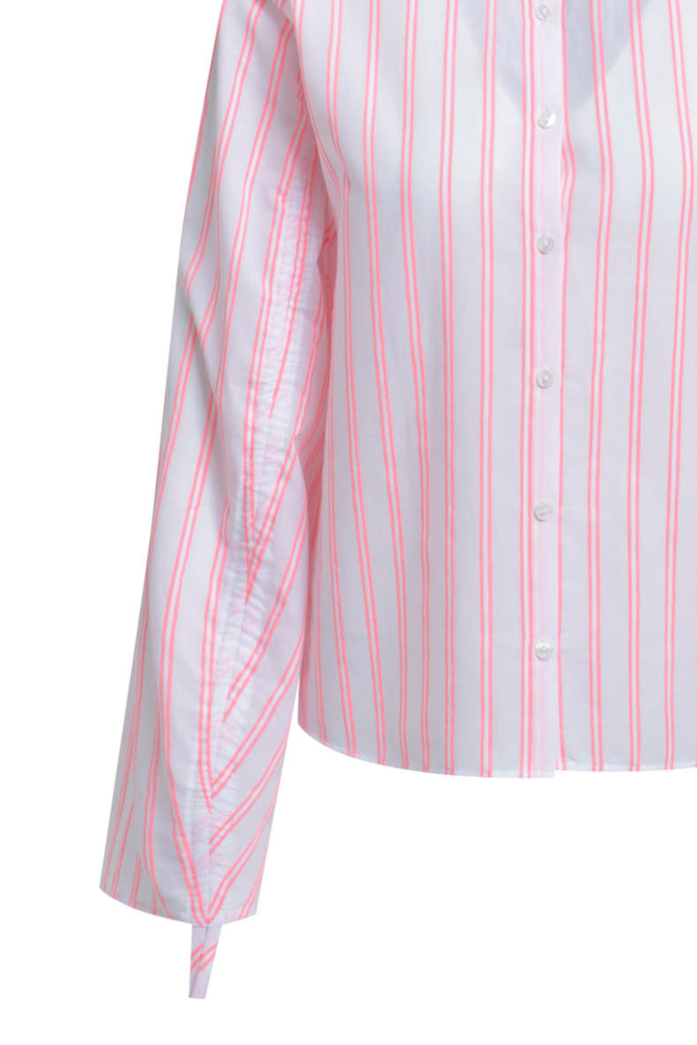 A fresh, lightweight shirt blouse from Milano Italy in a soft pink base with neon coral stripes. Shop now at Dotique.