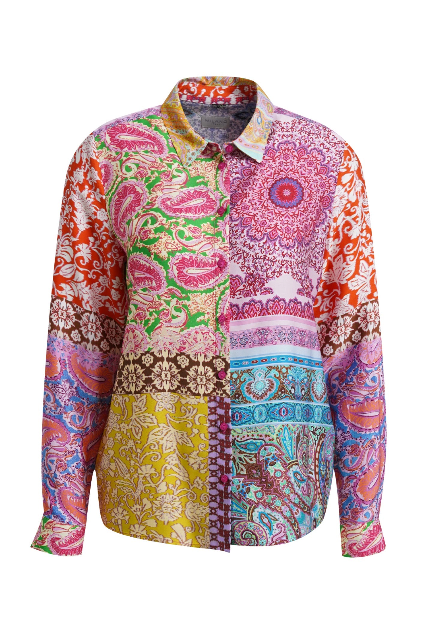 A long-sleeve button-up shirt featuring a vibrant, multicolor patchwork print with various paisley, mandala, and floral patterns in pink, orange, green, yellow, and blue, displayed on a clean white background.