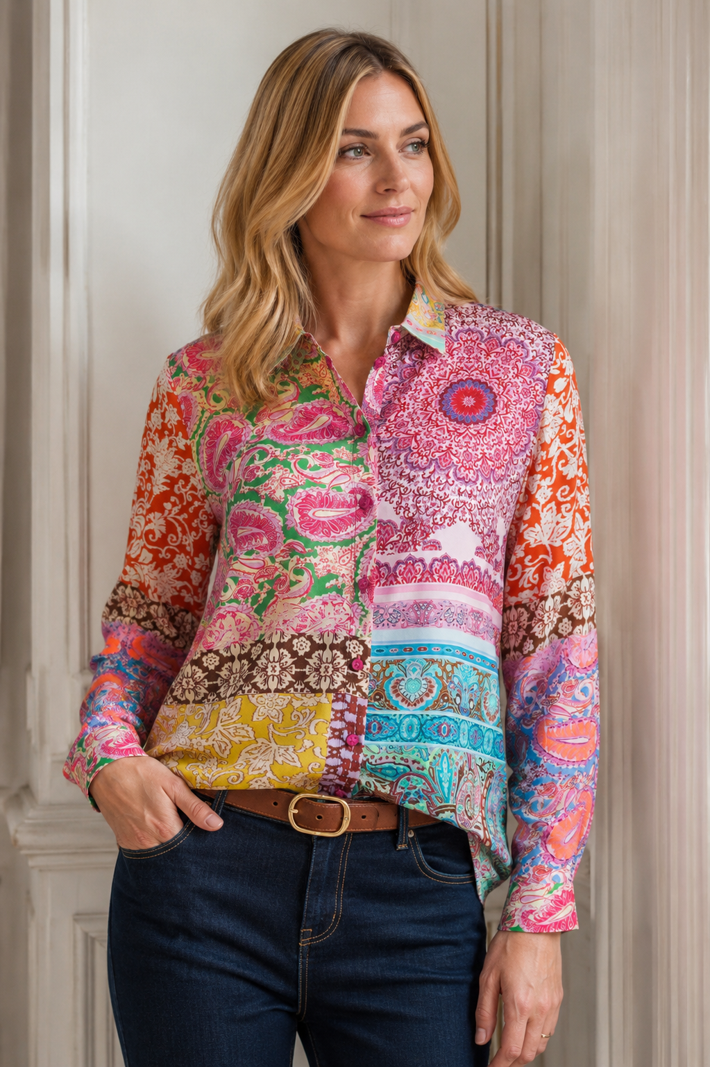 Milano women's patchwork paisley blouse in pink with vibrant orange, turquoise and green prints, featuring a classic collar, button front and long sleeves.