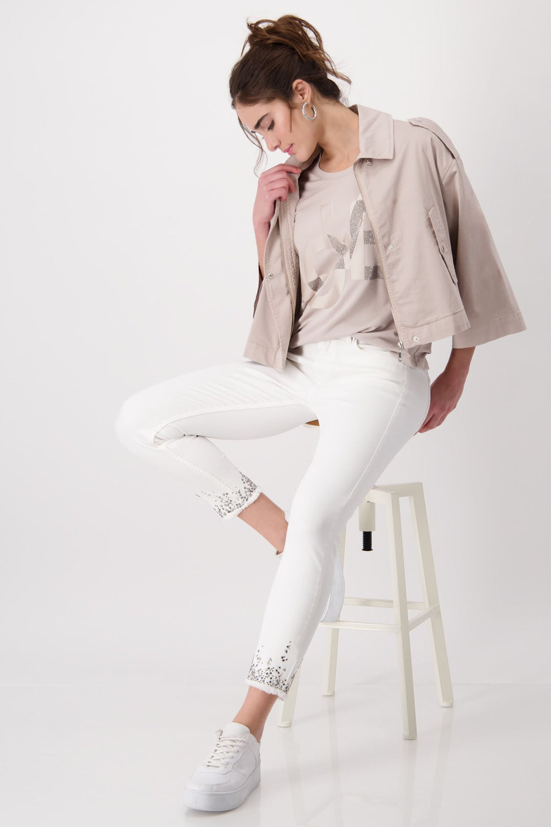 Monari 408395 Off White Embellished Hem Jeans - Dotique