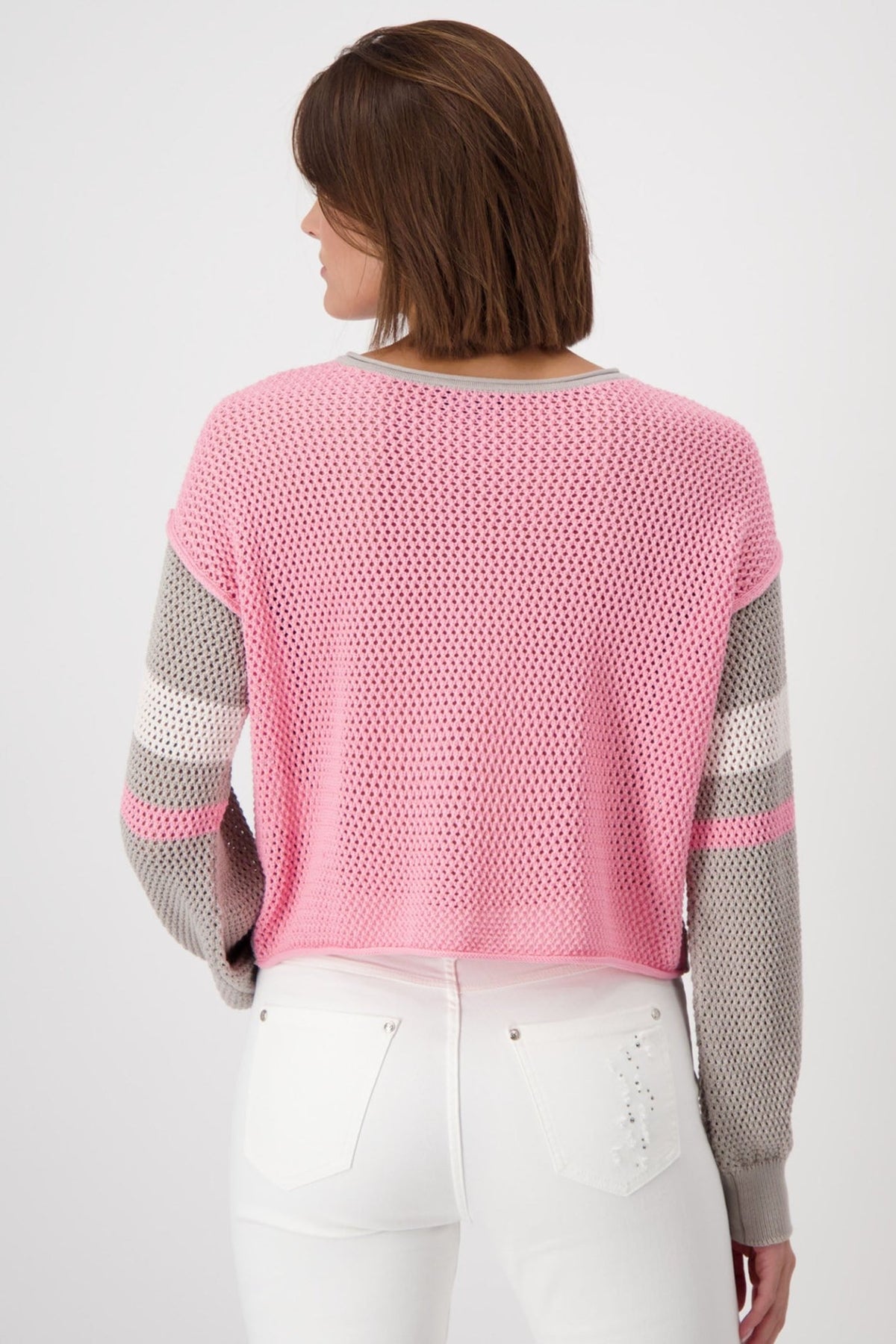 Monari 408445 Coconut Taupe Pink Mesh Knit Relaxed Fit Jumper - Dotique