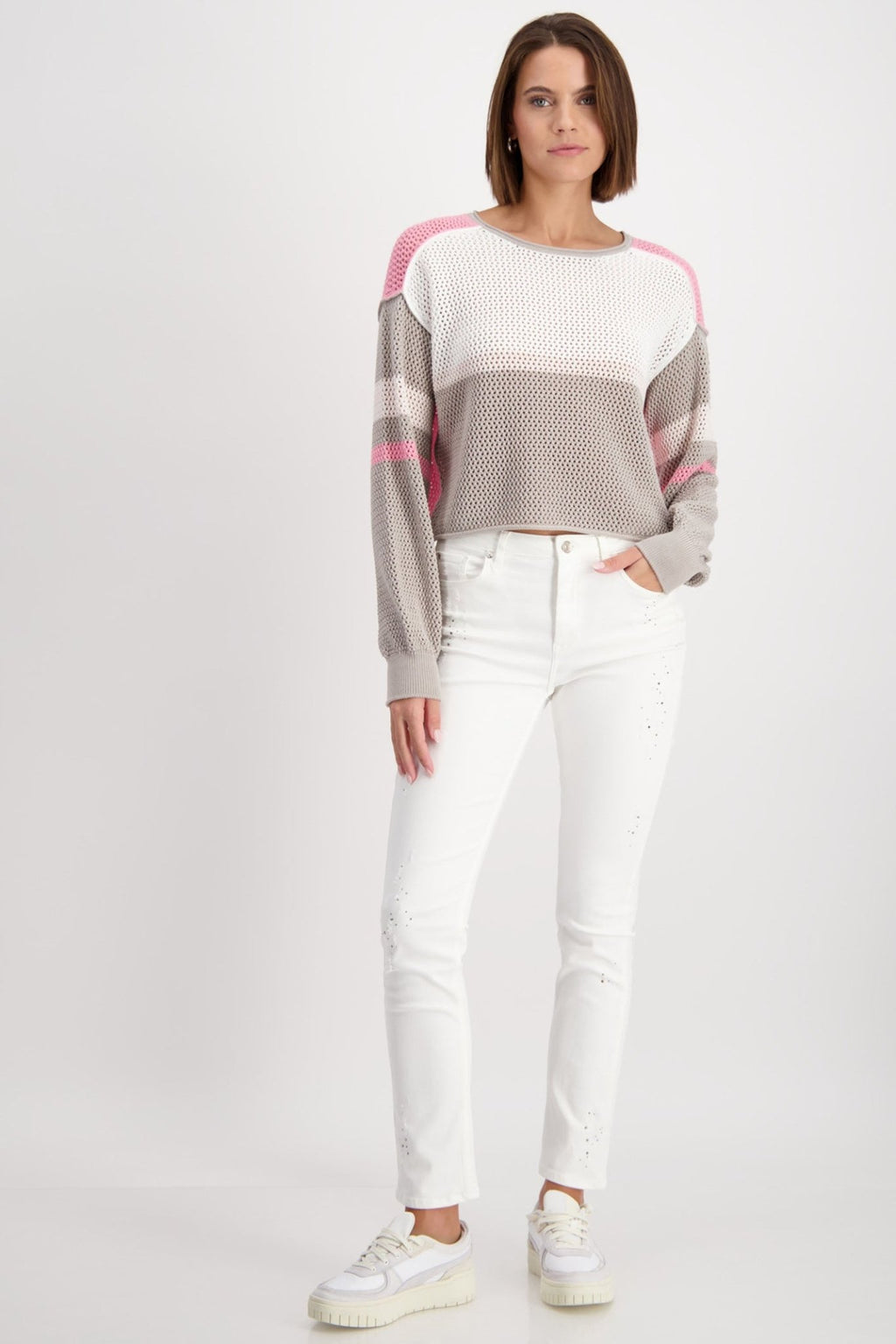Monari 408445 Coconut Taupe Pink Mesh Knit Relaxed Fit Jumper - Dotique