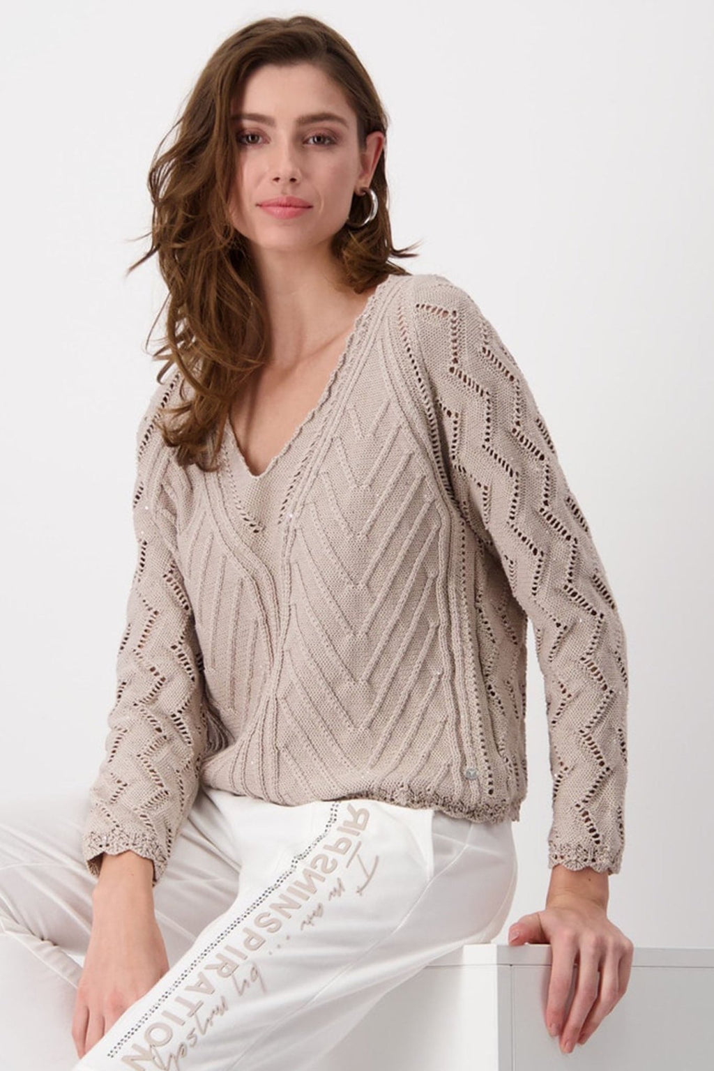 Monari 408450 Hazel Brown Ajour V Neck Jumper - Dotique