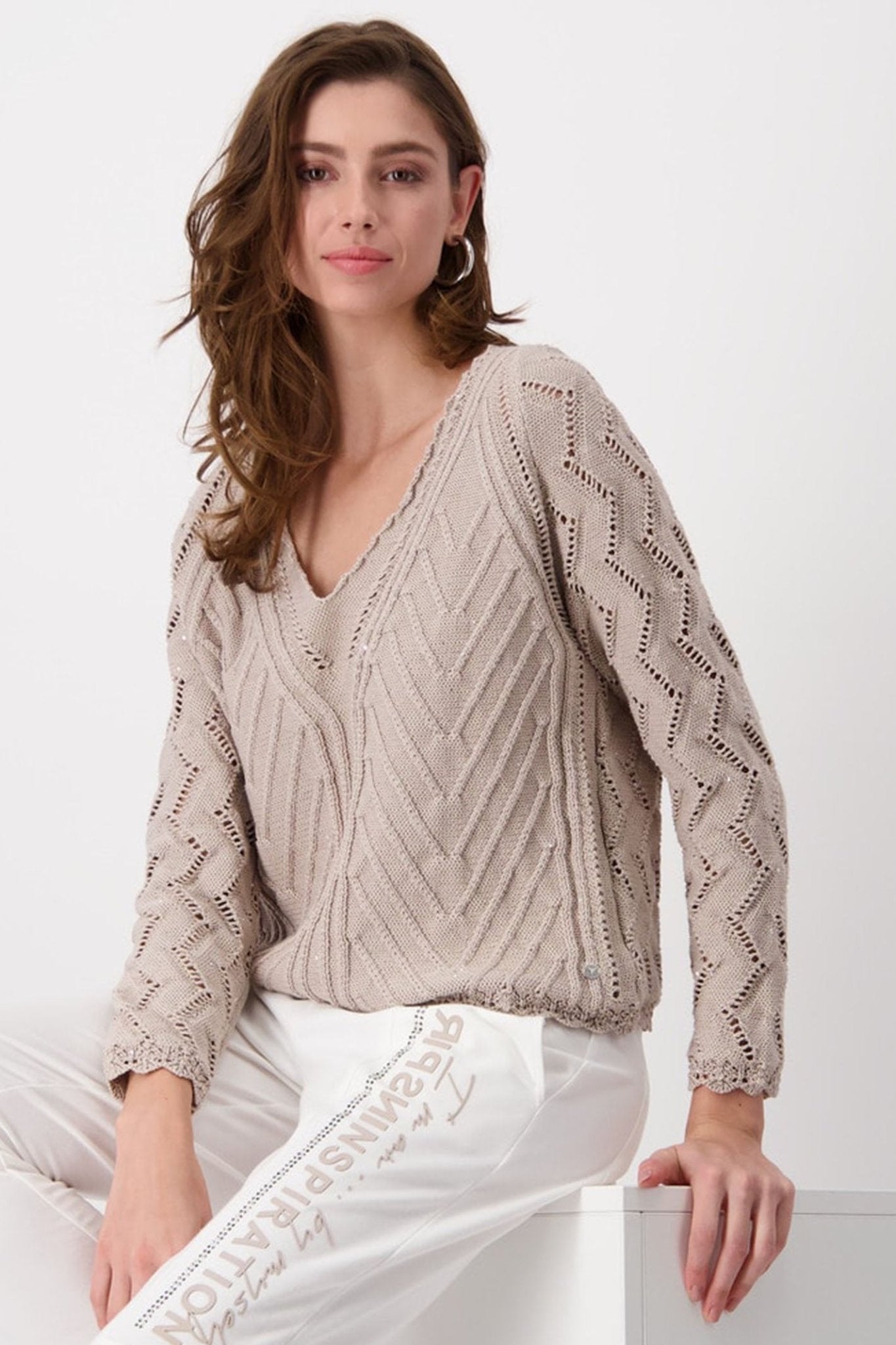 Monari 408450 Hazel Brown Ajour V Neck Jumper - Dotique