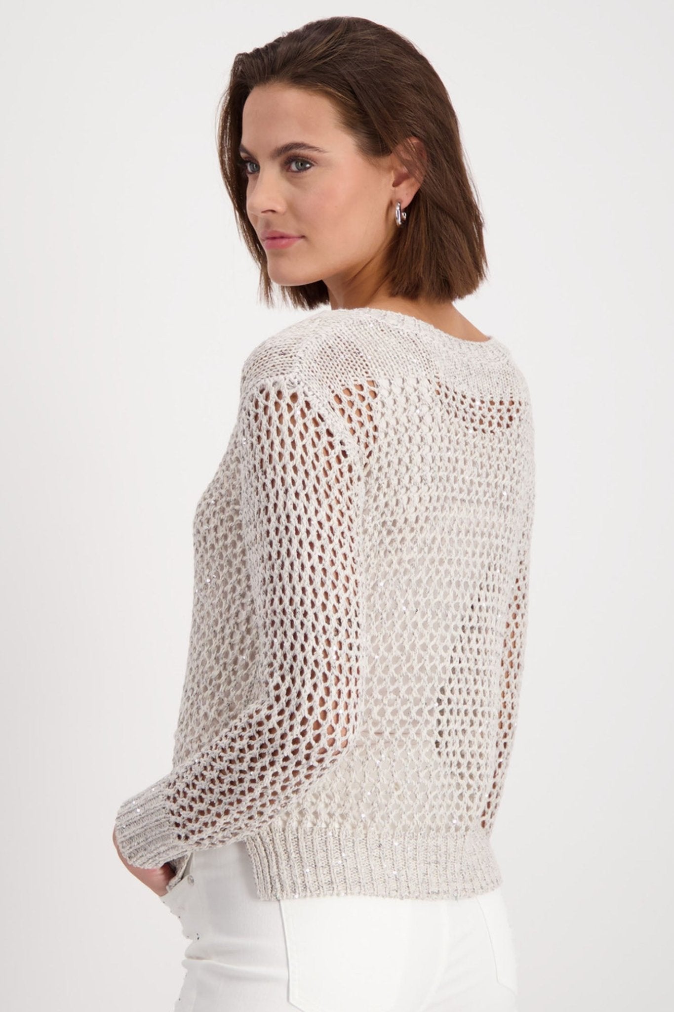 Monari 408471 Peanut Beige Sequin Mesh Knit V-Neck Jumper - Dotique