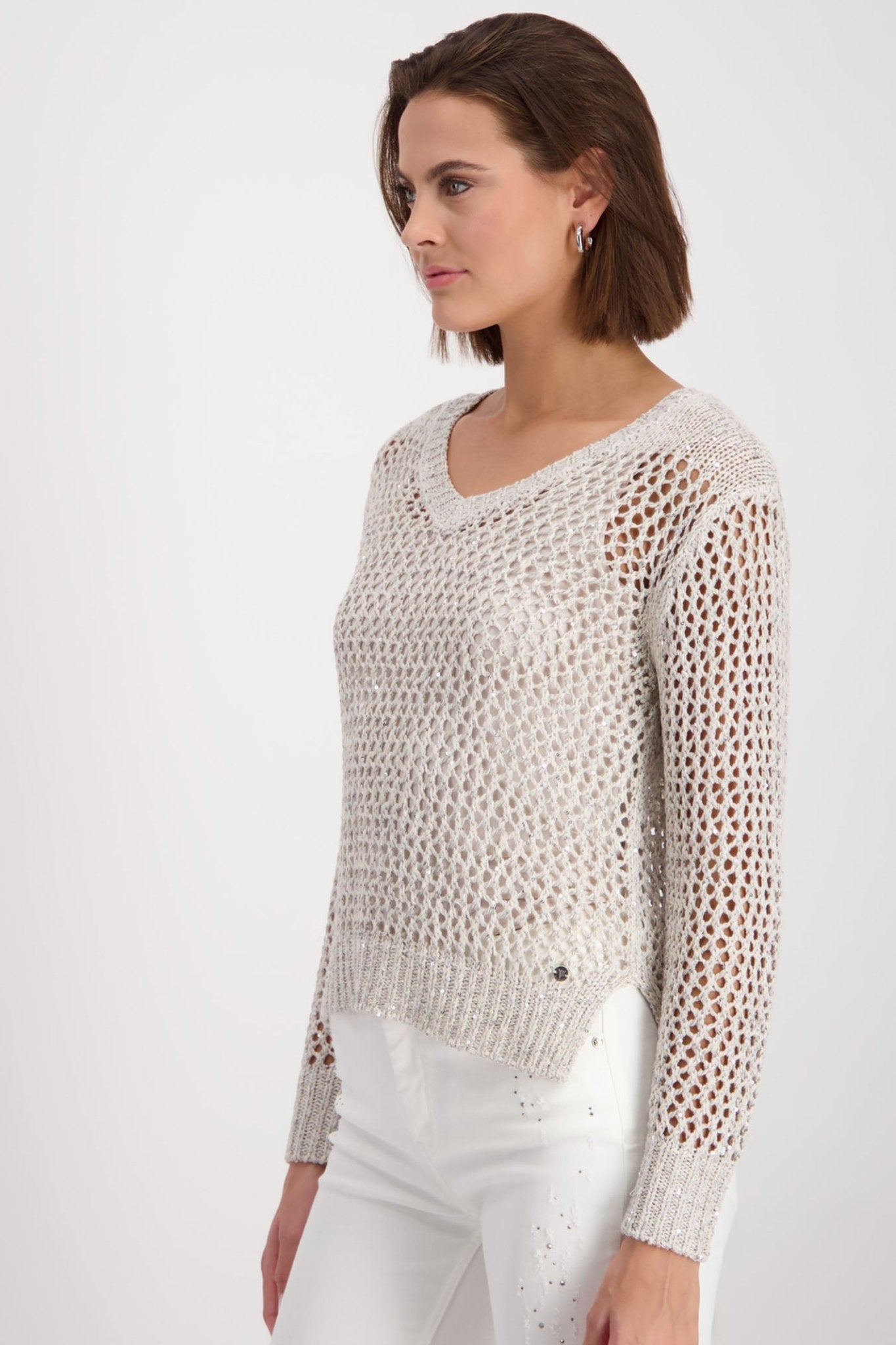 Monari 408471 Peanut Beige Sequin Mesh Knit V-Neck Jumper - Dotique