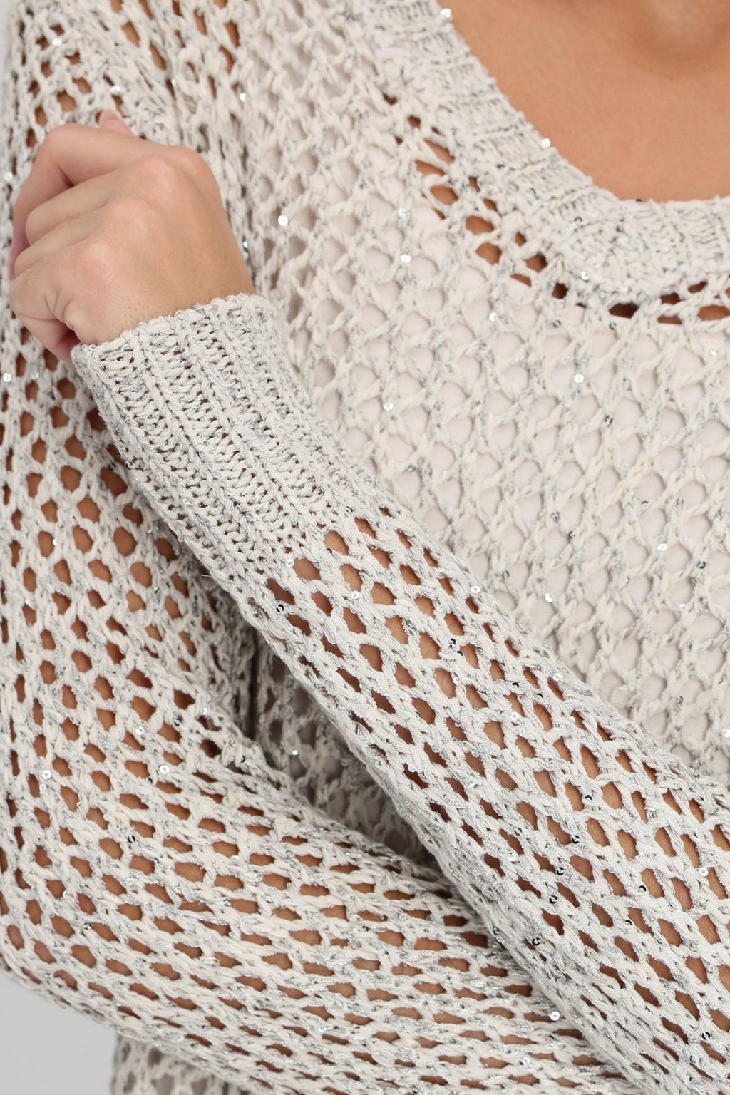 Monari 408471 Peanut Beige Sequin Mesh Knit V-Neck Jumper - Dotique
