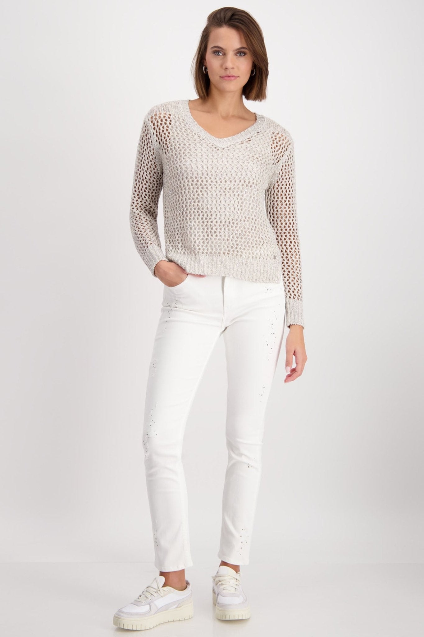 Monari 408471 Peanut Beige Sequin Mesh Knit V-Neck Jumper - Dotique