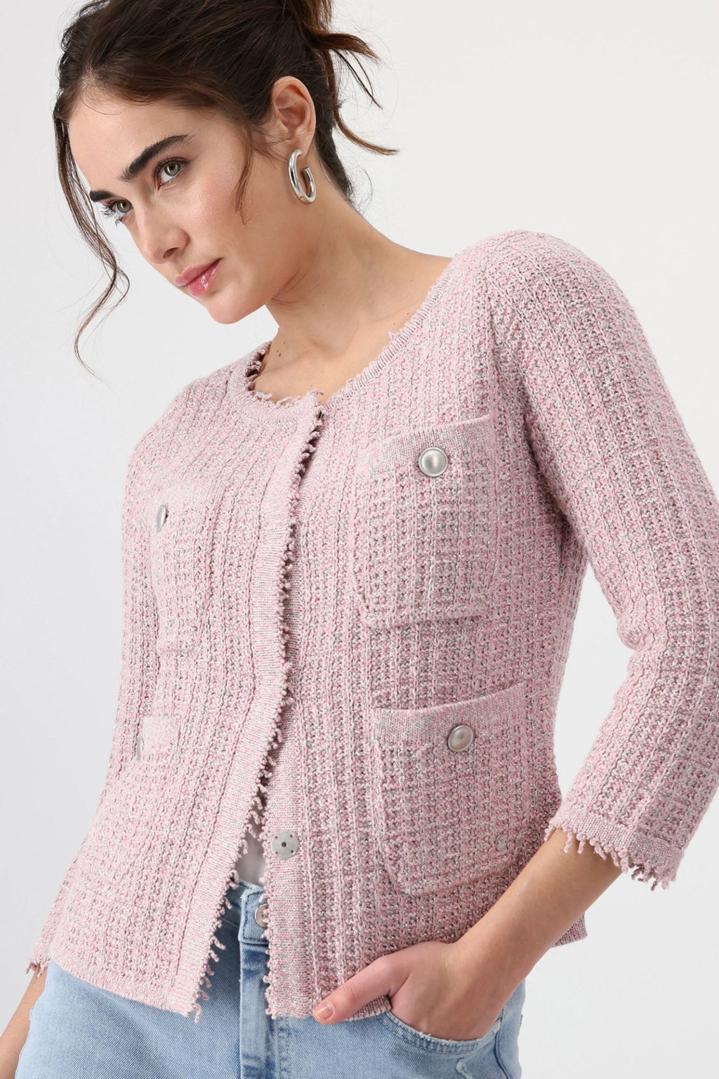 Monari 408482 Pink Smoothie Round Neck Knit Jacket - Dotique