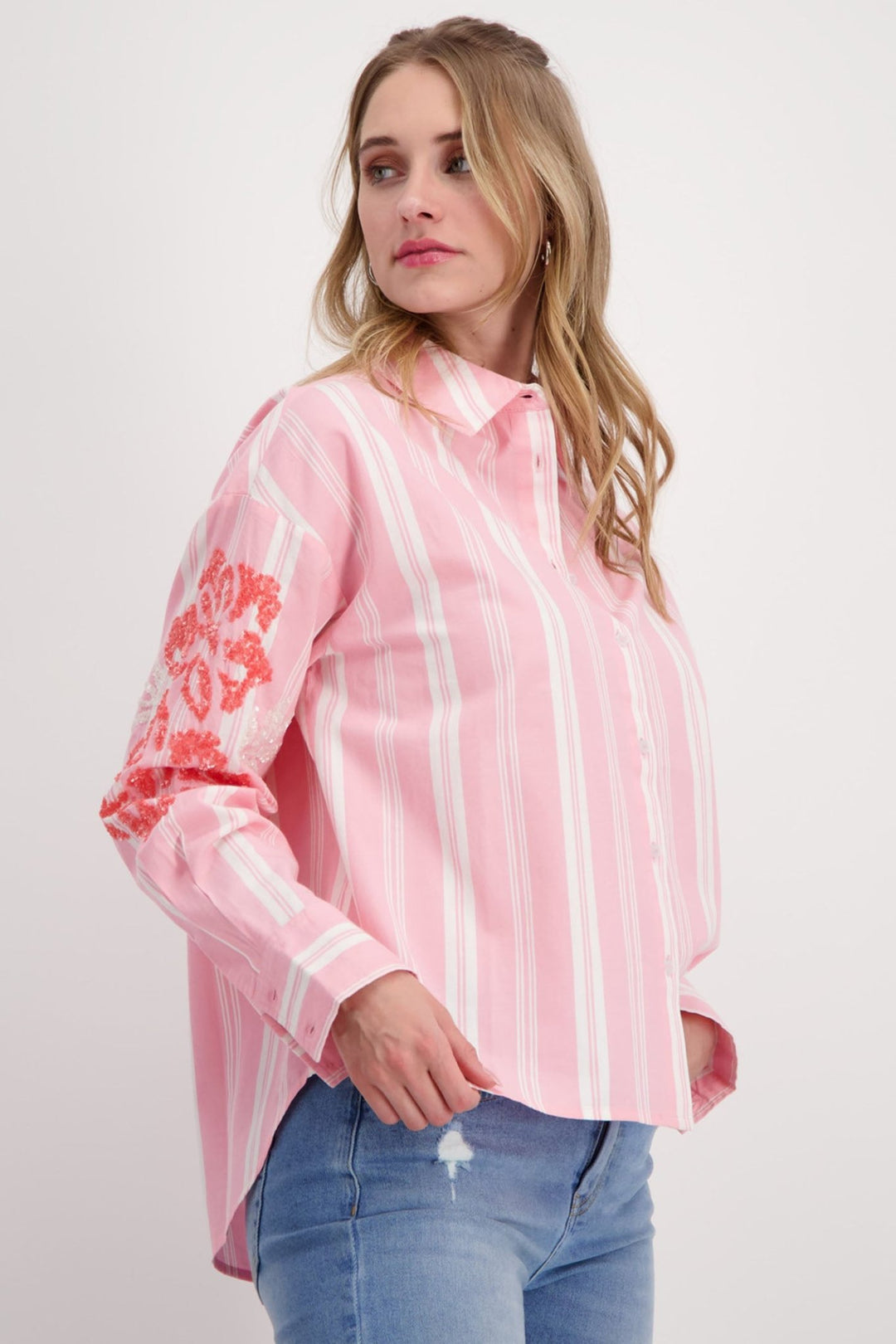 Monari 408509 Pink Smoothie Striped Sequin Detail Shirt - Dotique
