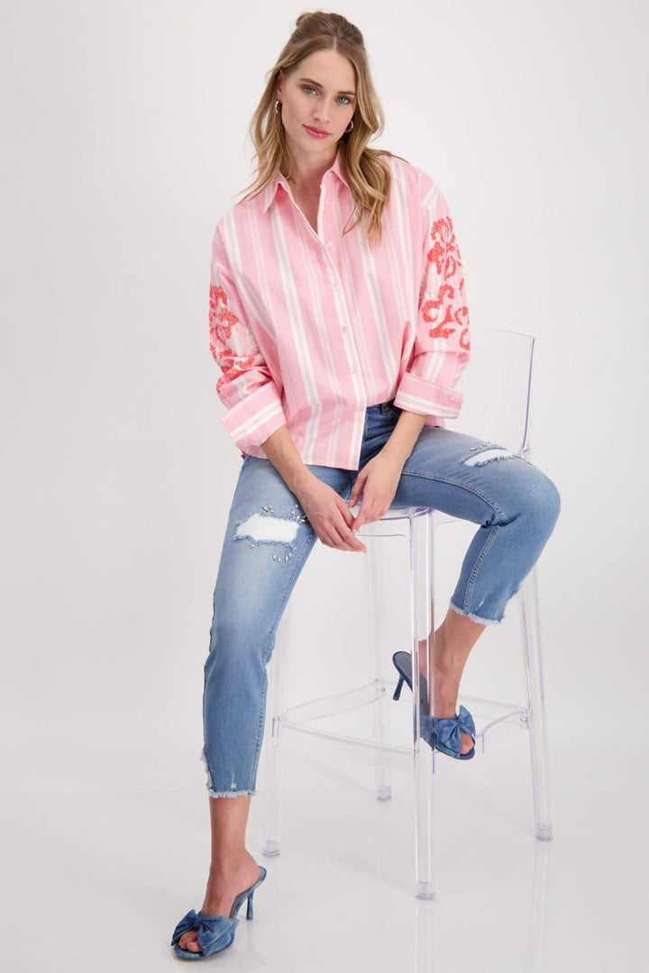 Monari 408509 Pink Smoothie Striped Sequin Detail Shirt - Dotique