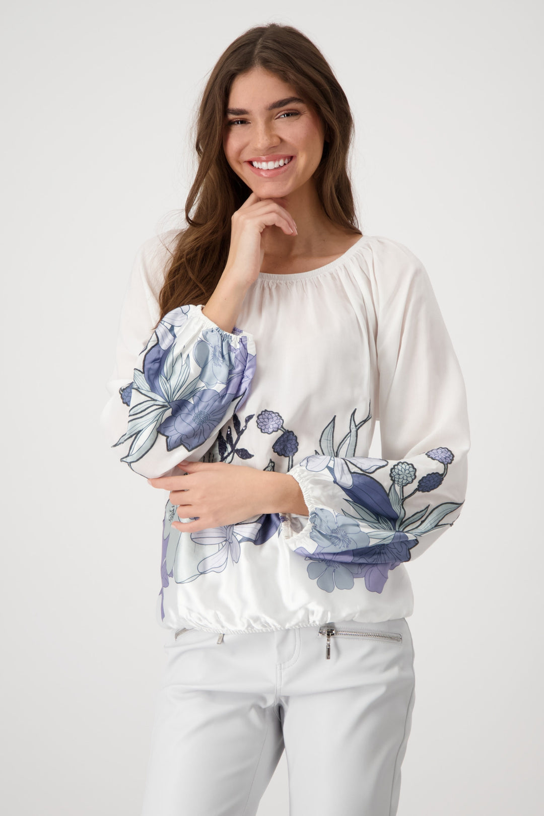 monari-409084-blouse-flower-print-round-neck-white-blue-Dotique-