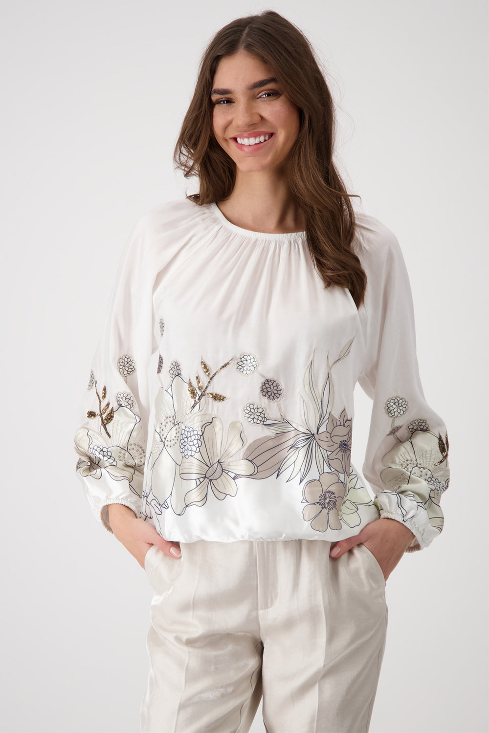 Monari 409084 Blouse with Flower Appliqué Warm Sand - Dotique