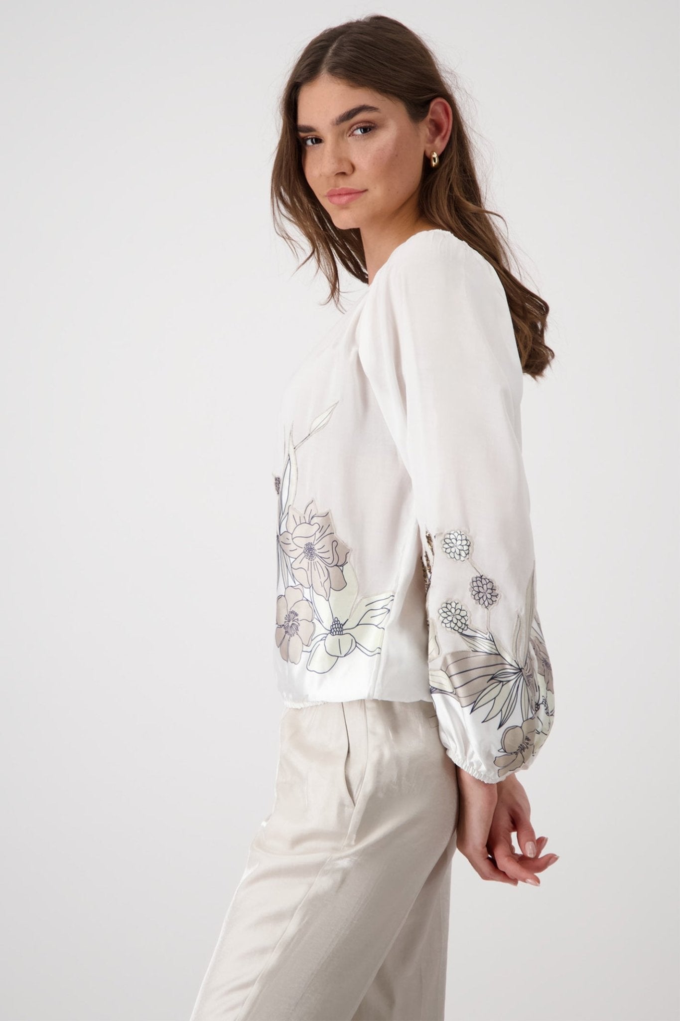 Monari 409084 Blouse with Flower Appliqué Warm Sand - Dotique
