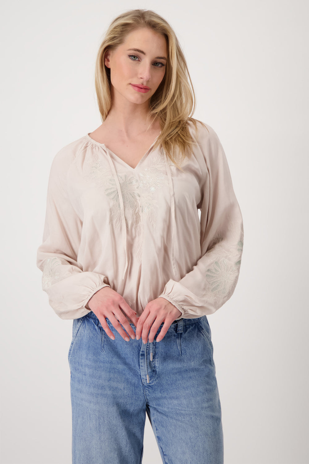 Monari 409403 Cream Blouse with Warm Sand Flower Appliqué - Dotique