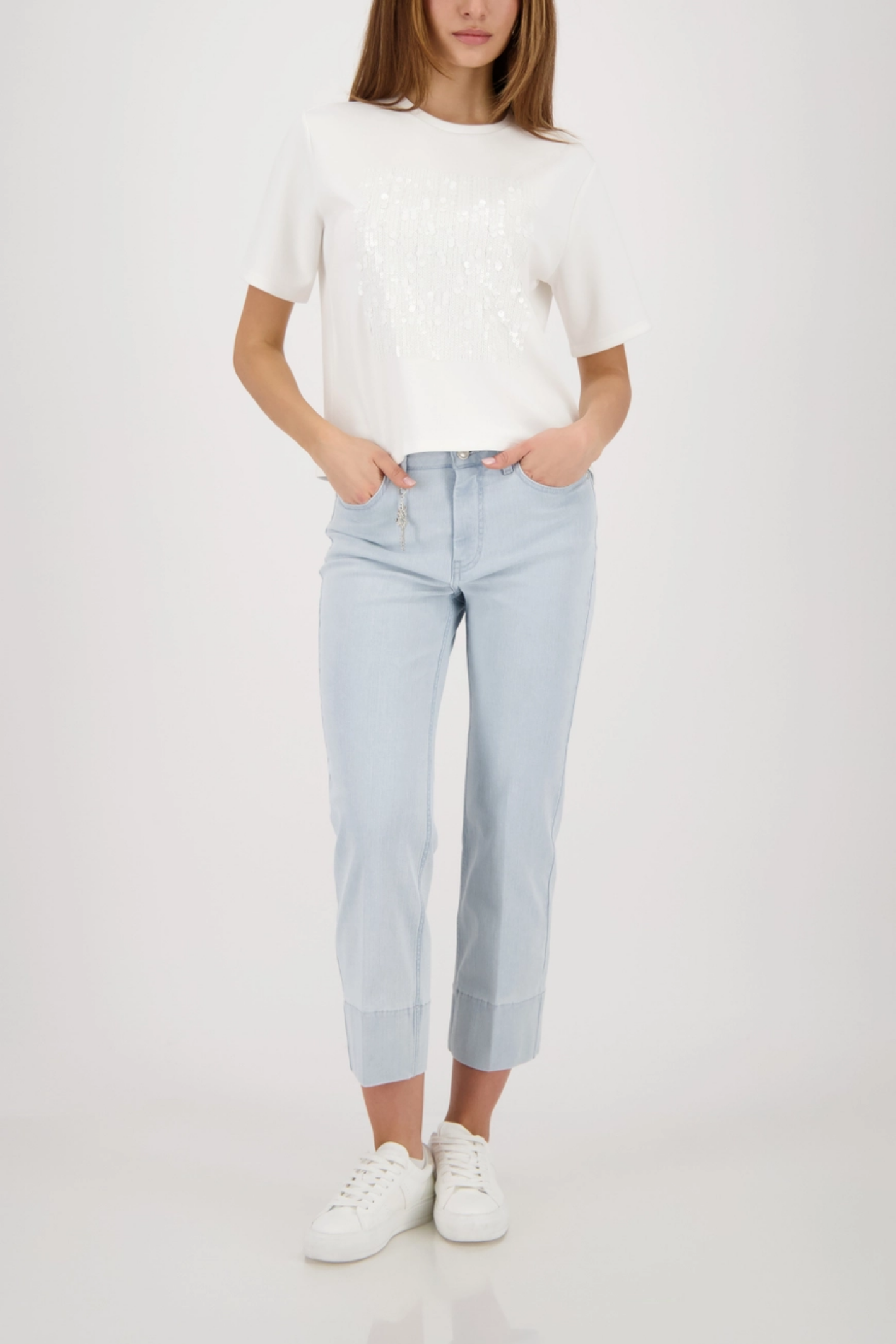 Monari 410124 Sequin Detail T-Shirt in Off-White styled with light jeans by Monari Shop Monari at Dotique