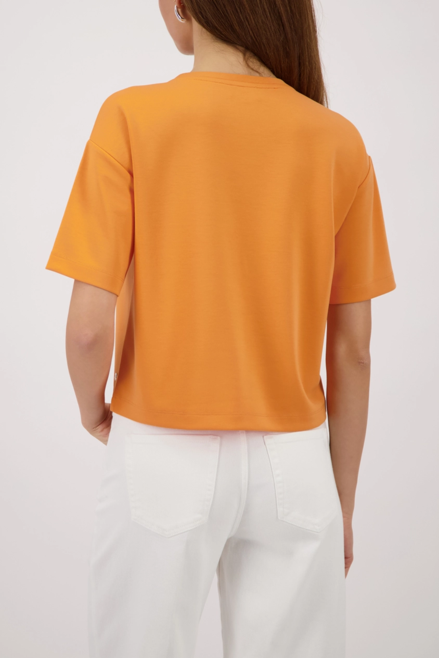 Monari 410127 Sweatshirt with Rhinestones Orange by Monari shown from back, shop Monari at Dotique.