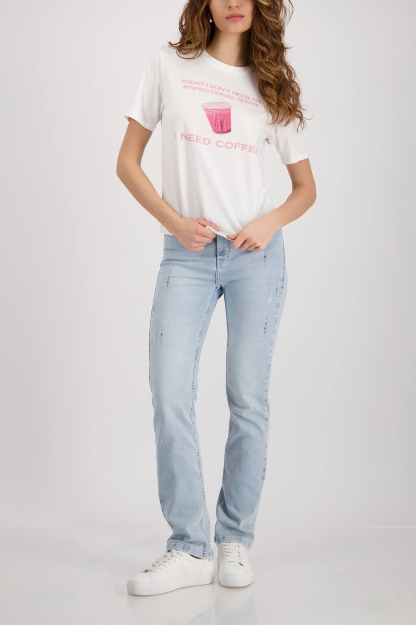 Model wearing Monari 410132 Printed T-Shirt Off White Cotton Blend Short Sleeve Graphic Top by Monari Shop Monari at Dotique