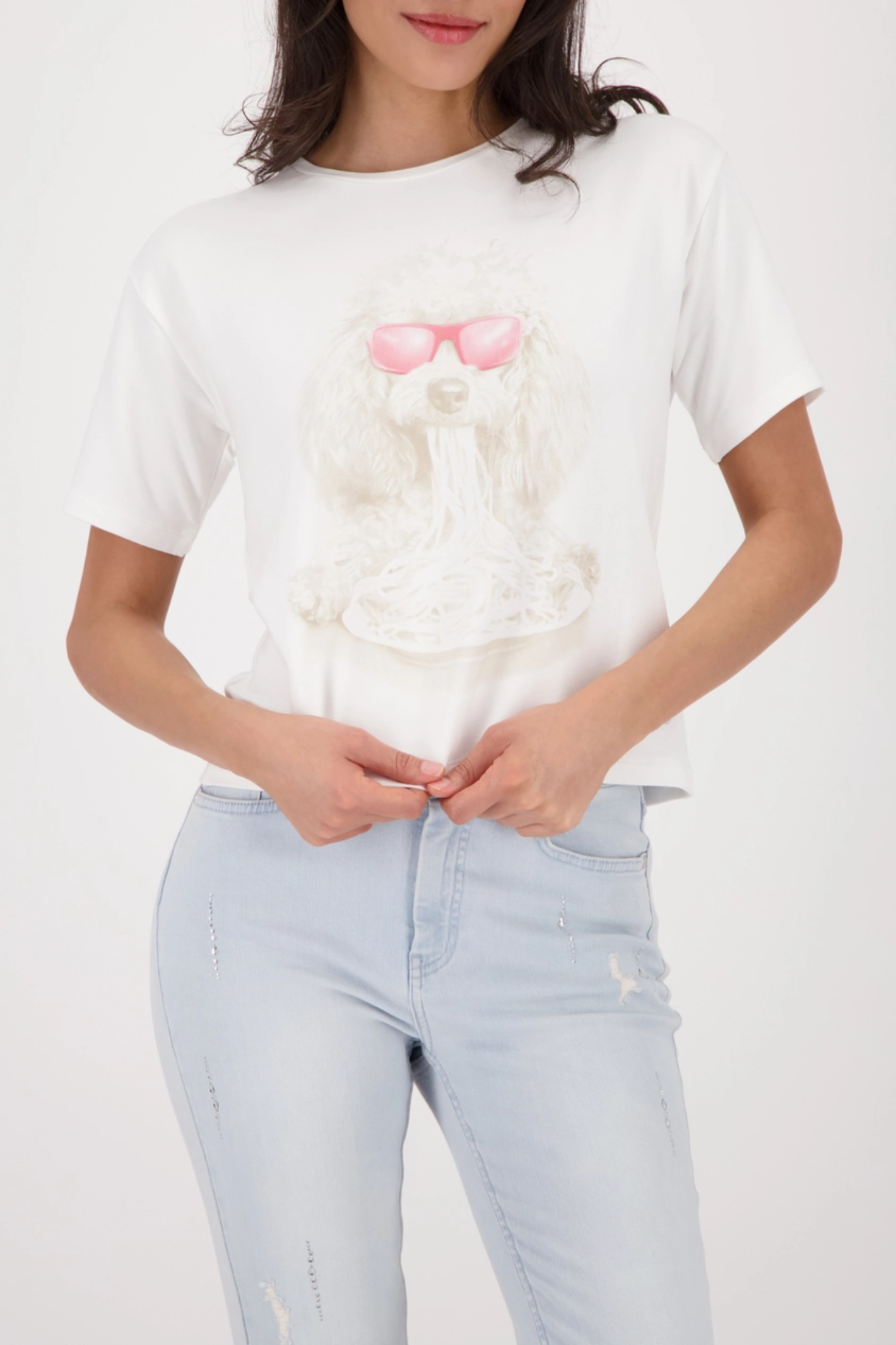 Monari 410167 Dog Print T-Shirt Off White Viscose Blend Short Sleeve Top by Monari, shop Monari at Dotique