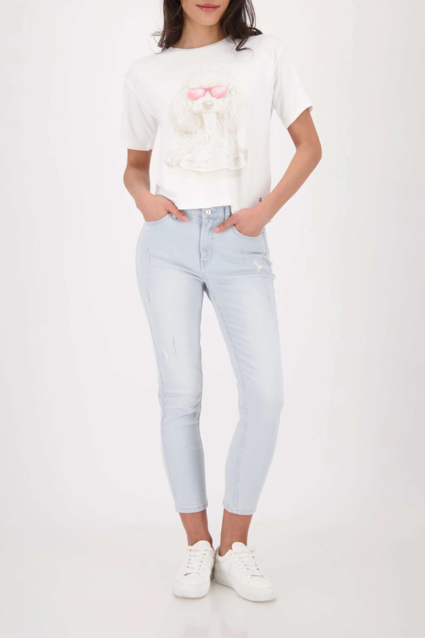 Model wearing Monari 410167 Dog Print T-Shirt Off White Viscose Blend Short Sleeve Top by Monari, shop Monari at Dotique.