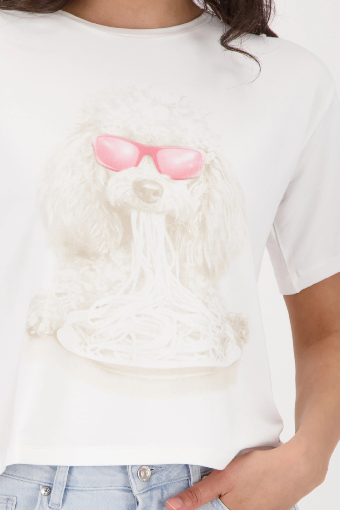 Monari 410167 Dog Print T-Shirt Off White Viscose Blend Short Sleeve Top by Monari, shop Monari at Dotique
