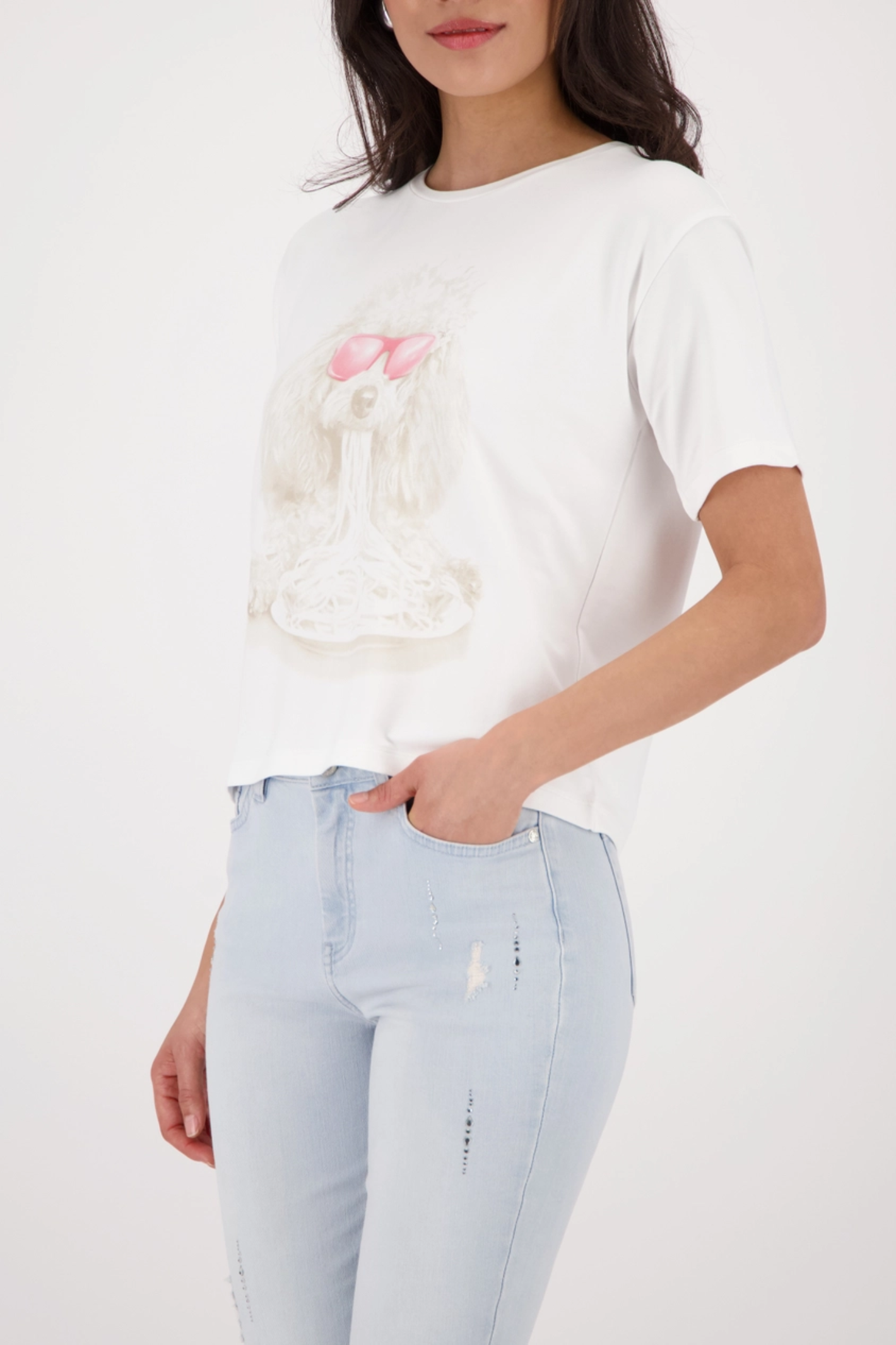 Monari 410167 Dog Print T-Shirt Off White Viscose Blend Short Sleeve Top by Monari, shop Monari at Dotique.