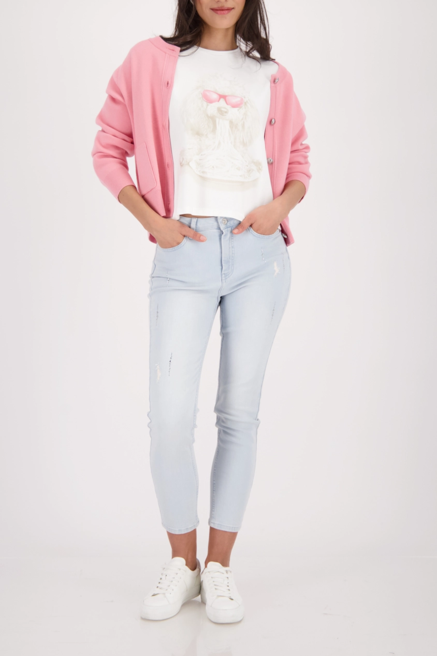 Woman wearing Monari 410167 Dog Print T-Shirt Off White Viscose Blend Short Sleeve Top by Monari, shop Monari at Dotique