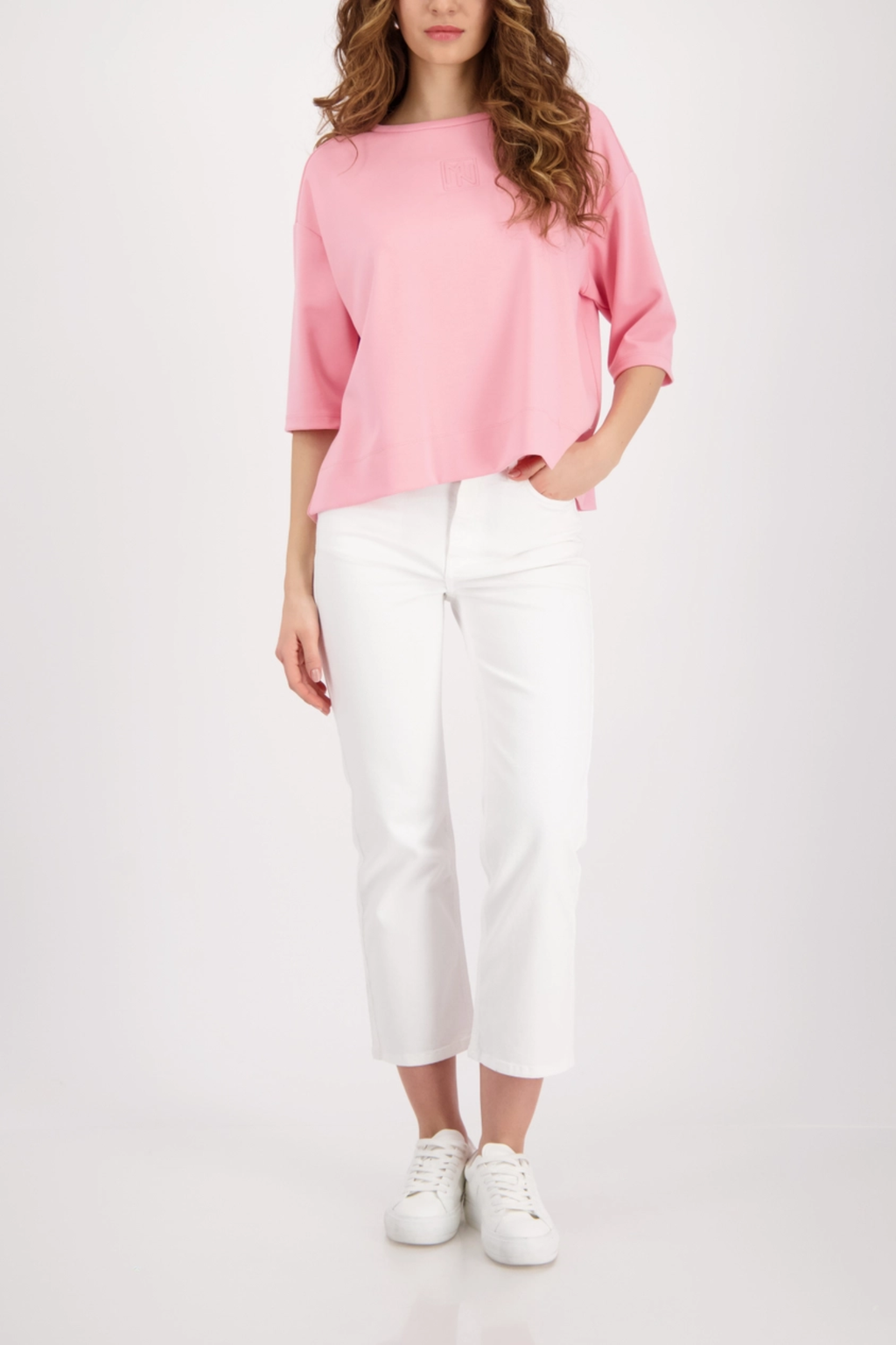 Monari 410185 Embossed Emblem Sweatshirt Spring Flower by Monari in pink, shop Monari at Dotique for stylish casual wear.