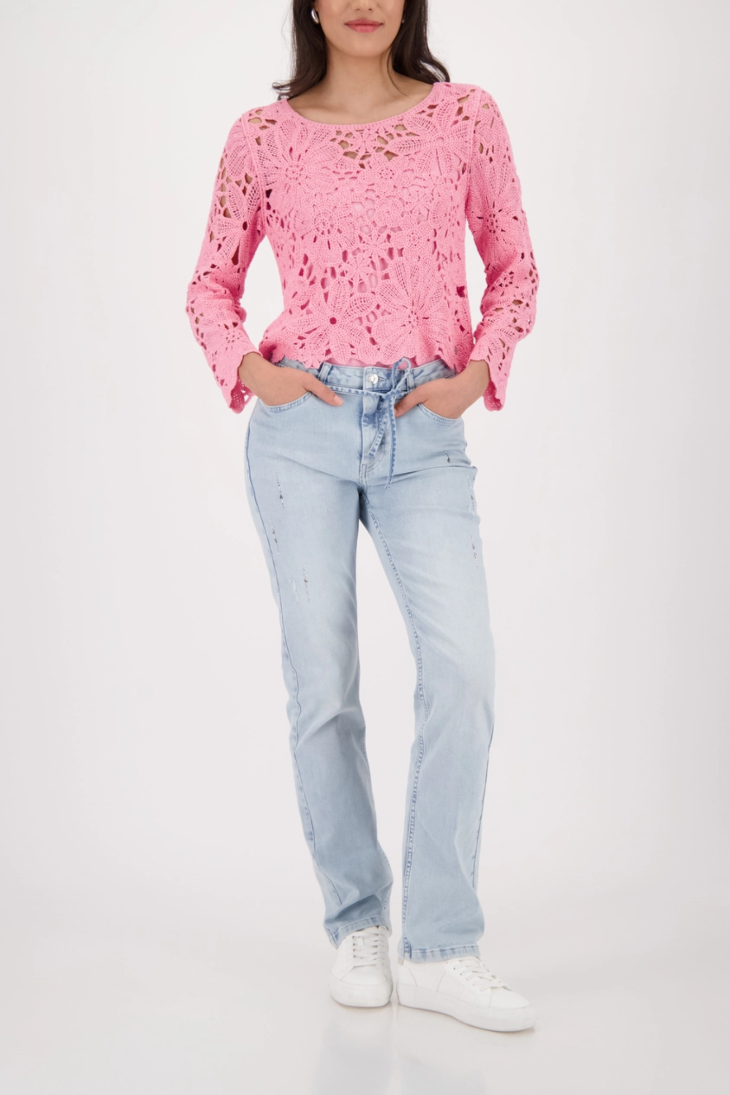 Woman wearing Monari 410237 Cornelly Crochet Jumper Spring Flower by Monari, shop Monari at Dotique.