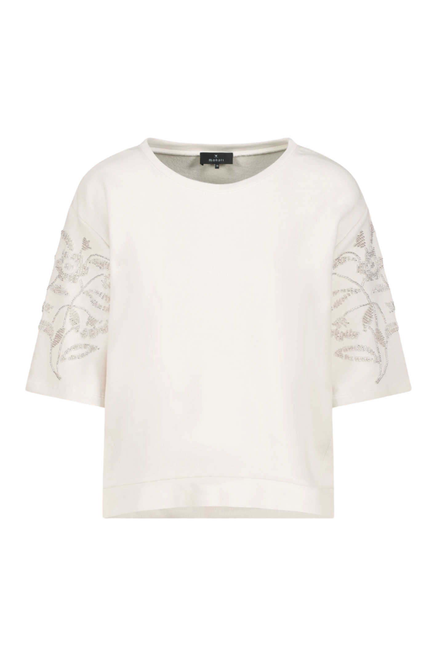 Monari 410257 Off-White Pearl Detail Cotton Sweatshirt front view with embellished sleeves, shop Monari at Dotique