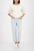 Monari 410257 Off-White Pearl Detail Cotton Sweatshirt styled with light denim jeans worn by model shop Monari at Dotique