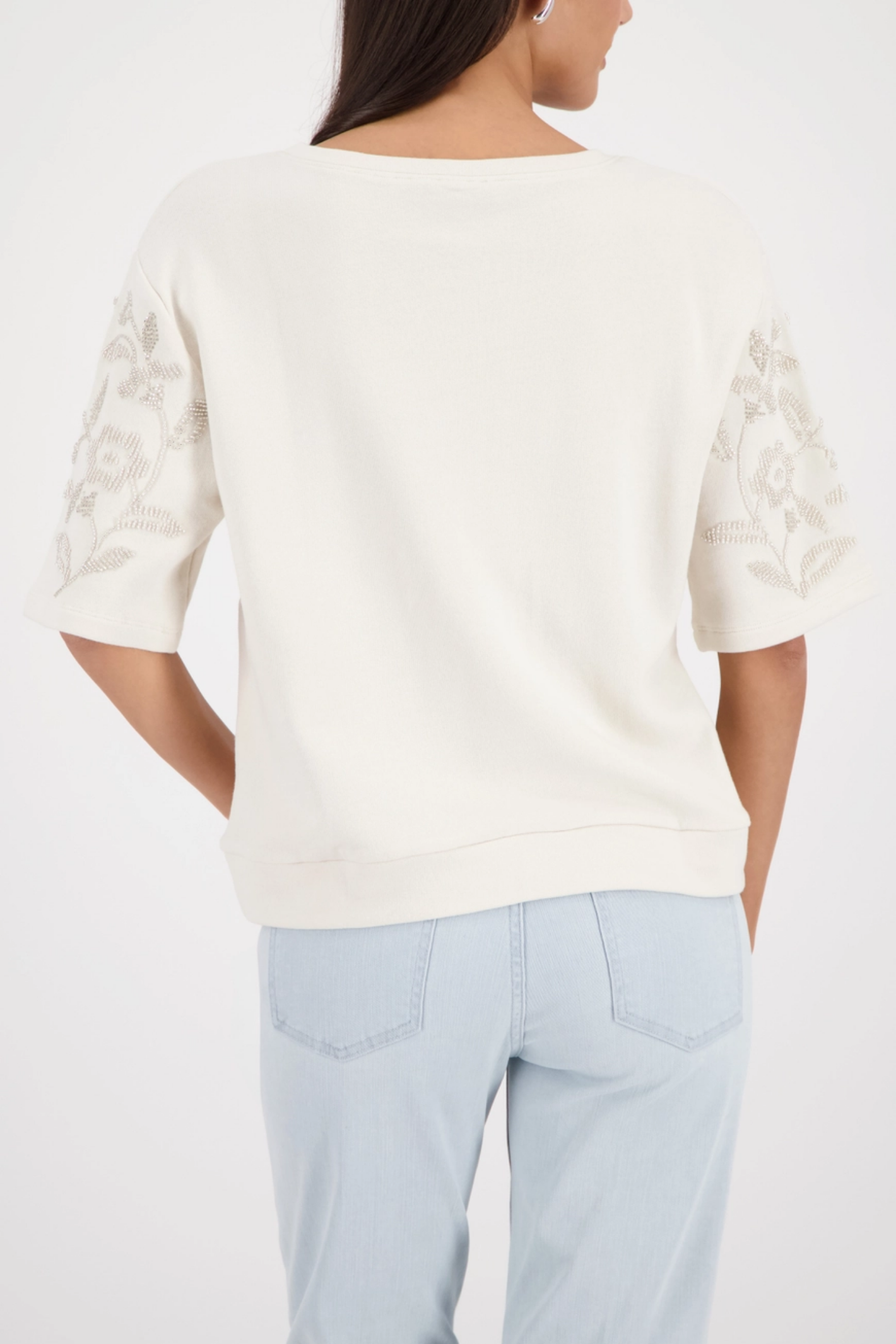 Monari 410257 Off-White Pearl Detail Cotton Sweatshirt back view with floral sleeve embellishments, shop Monari at Dotique