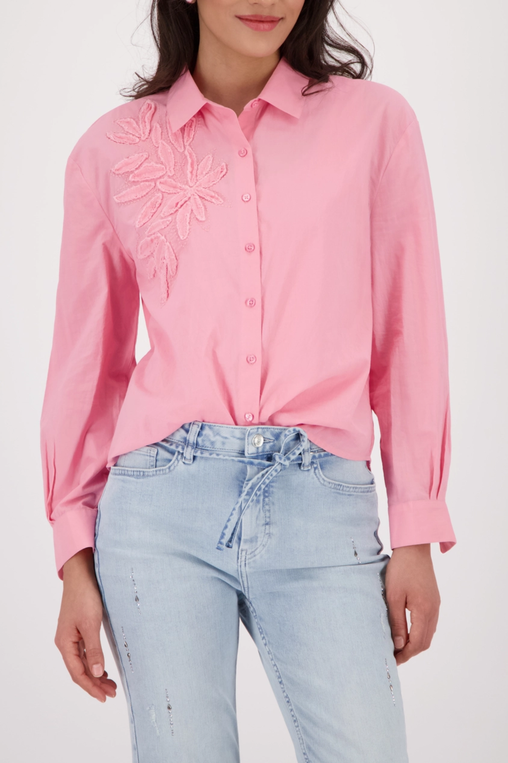 Monari 410260 Floral Appliqué Blouse White Cotton Blend Long Sleeve Spring Flower by Monari, shop Monari at Dotique.