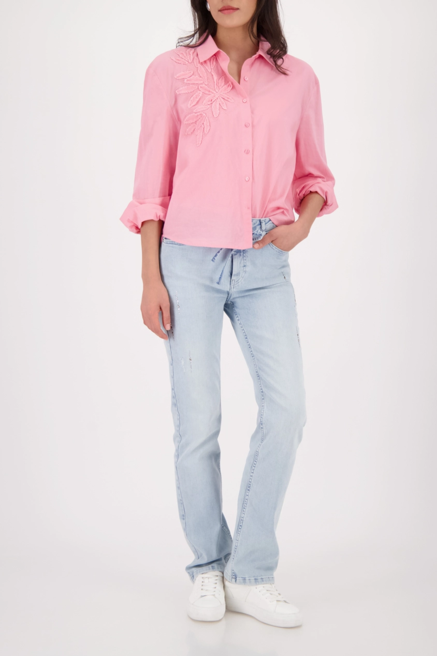 Monari 410260 Floral Appliqué Blouse White Cotton Blend Long Sleeve Spring Flower in pink by Monari, shop at Dotique.