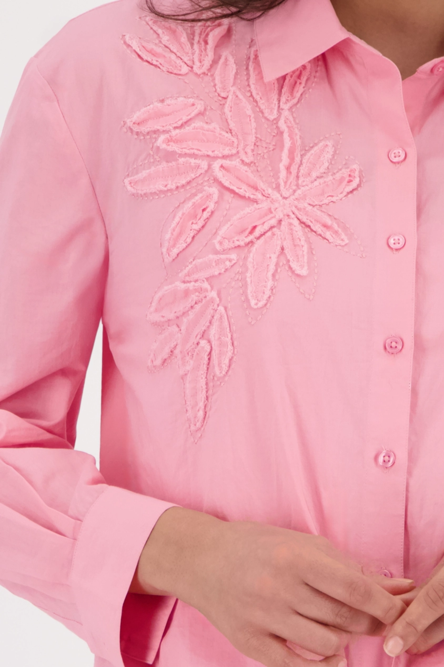 Monari 410260 Floral Appliqué Blouse White Cotton Blend Long Sleeve Spring Flower by Monari, shop Monari at Dotique.