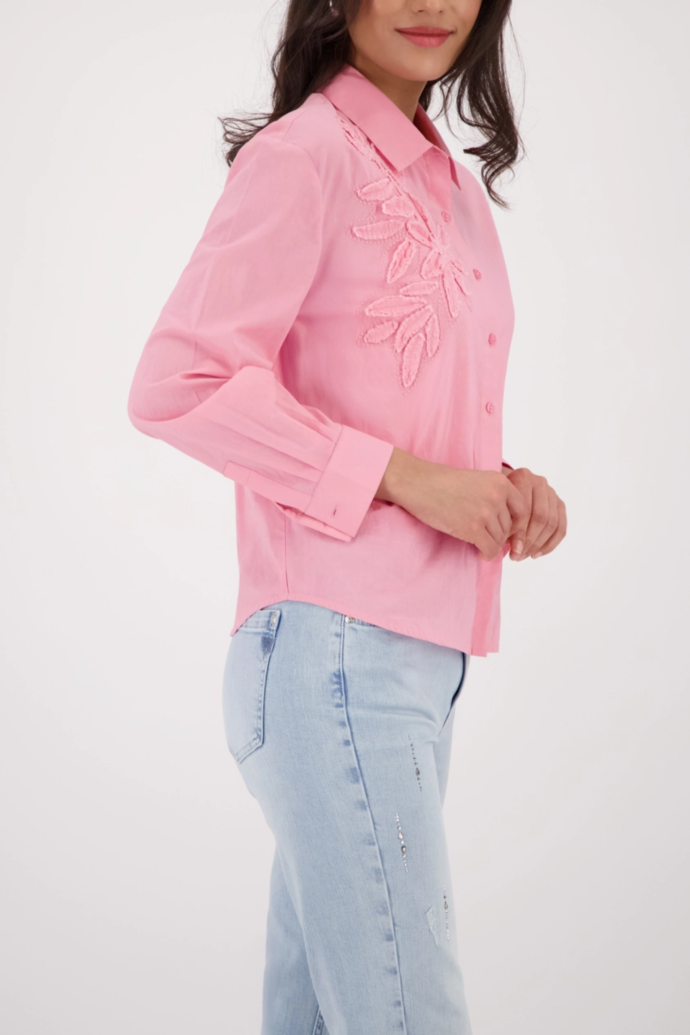 Monari 410260 Floral Appliqué Blouse White Cotton Blend Long Sleeve Spring Flower by Monari Shop the Monari collection at Dotique