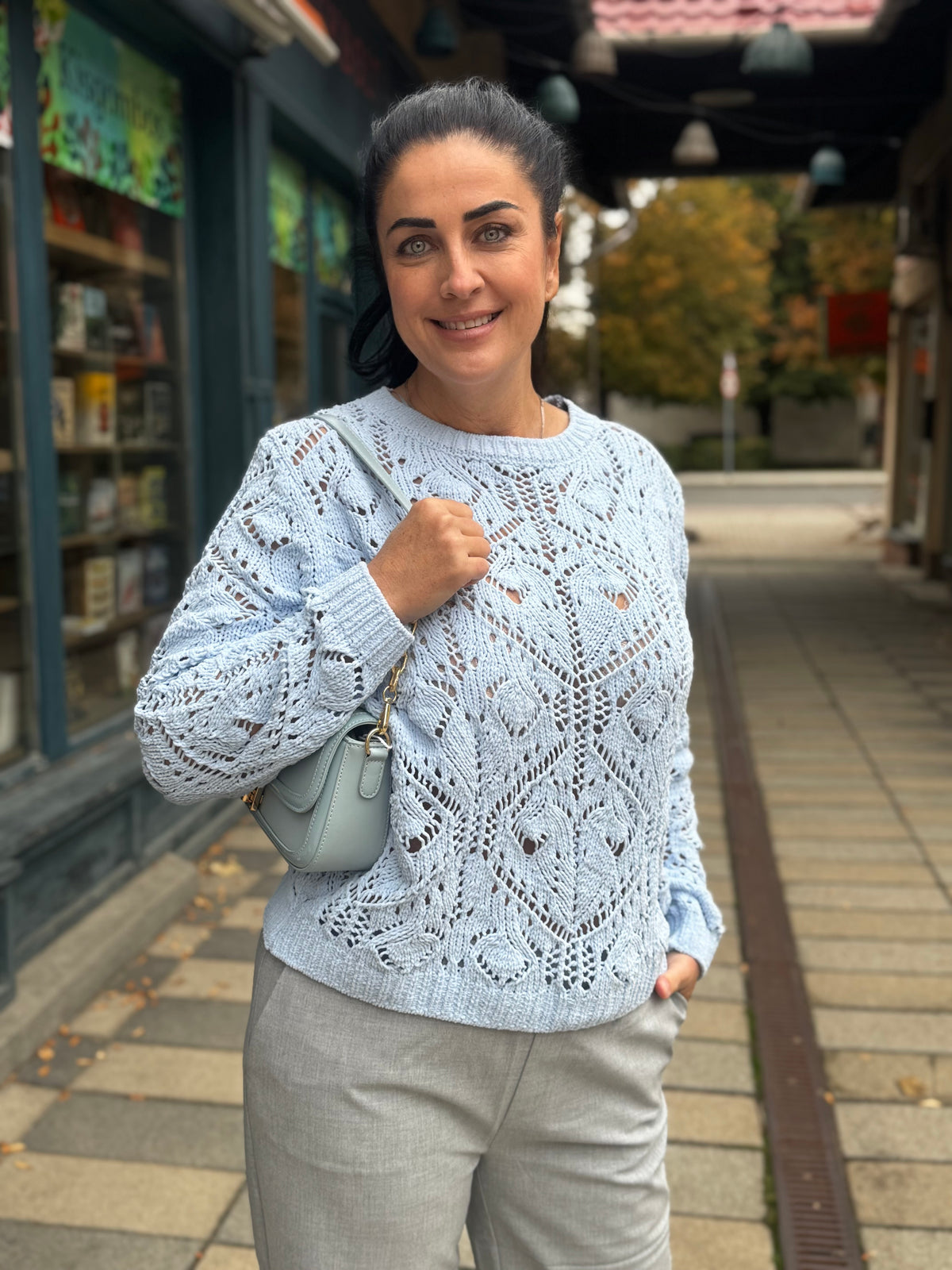 Monari 410303 Light Sky Blue jumper, crochet knit detail