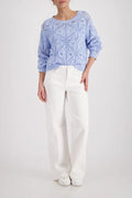 Model wearing Monari 410303 openwork chenille jumper in Light Sky Blue