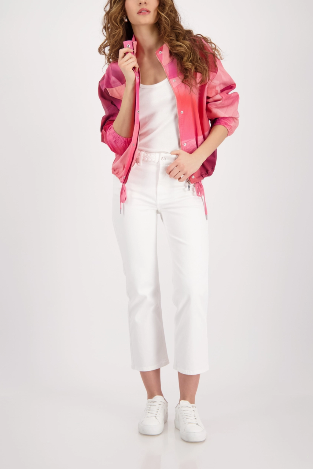 Model wearing Monari 410331 All Over Pattern Jacket Spring Flower by Monari, shop Monari at Dotique.