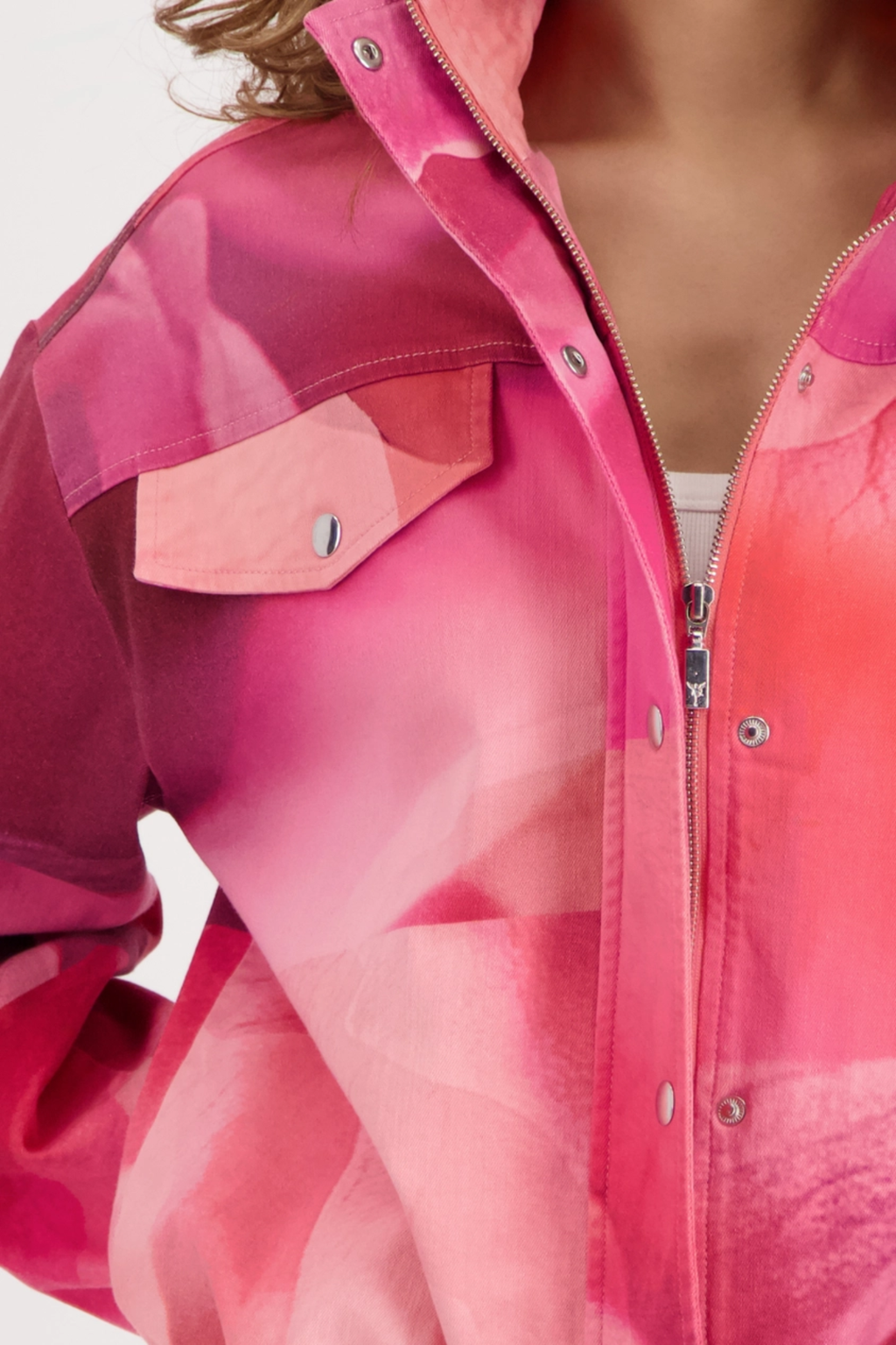 Close-up of Monari 410331 All Over Pattern Jacket Spring Flower by Monari in pink shades, Shop Monari at Dotique.