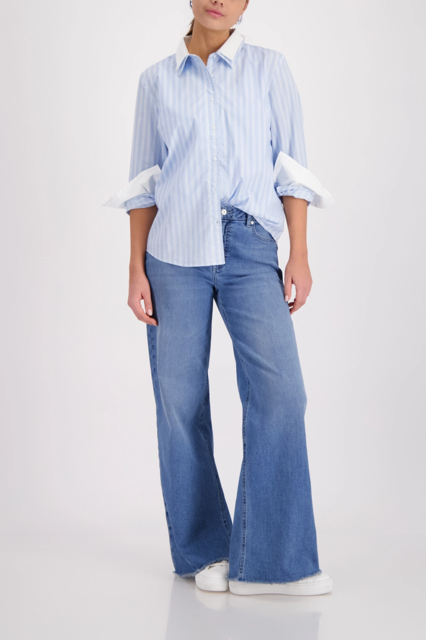 Monari 410358 Blue & White Striped Cotton Shirt styled with rolled sleeves, paired with wide-leg jeans, shop Monari at Dotique