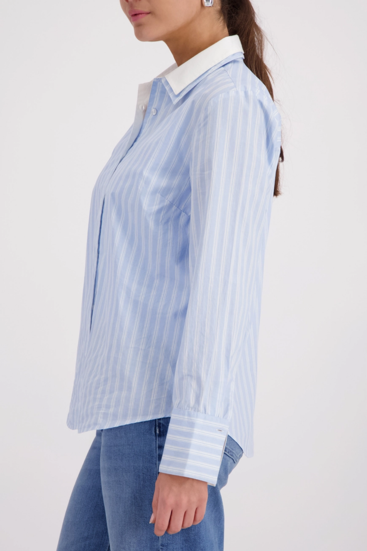 Monari 410358 Blue & White Striped Cotton Shirt with contrast collar worn by model, shop Monari at Dotique