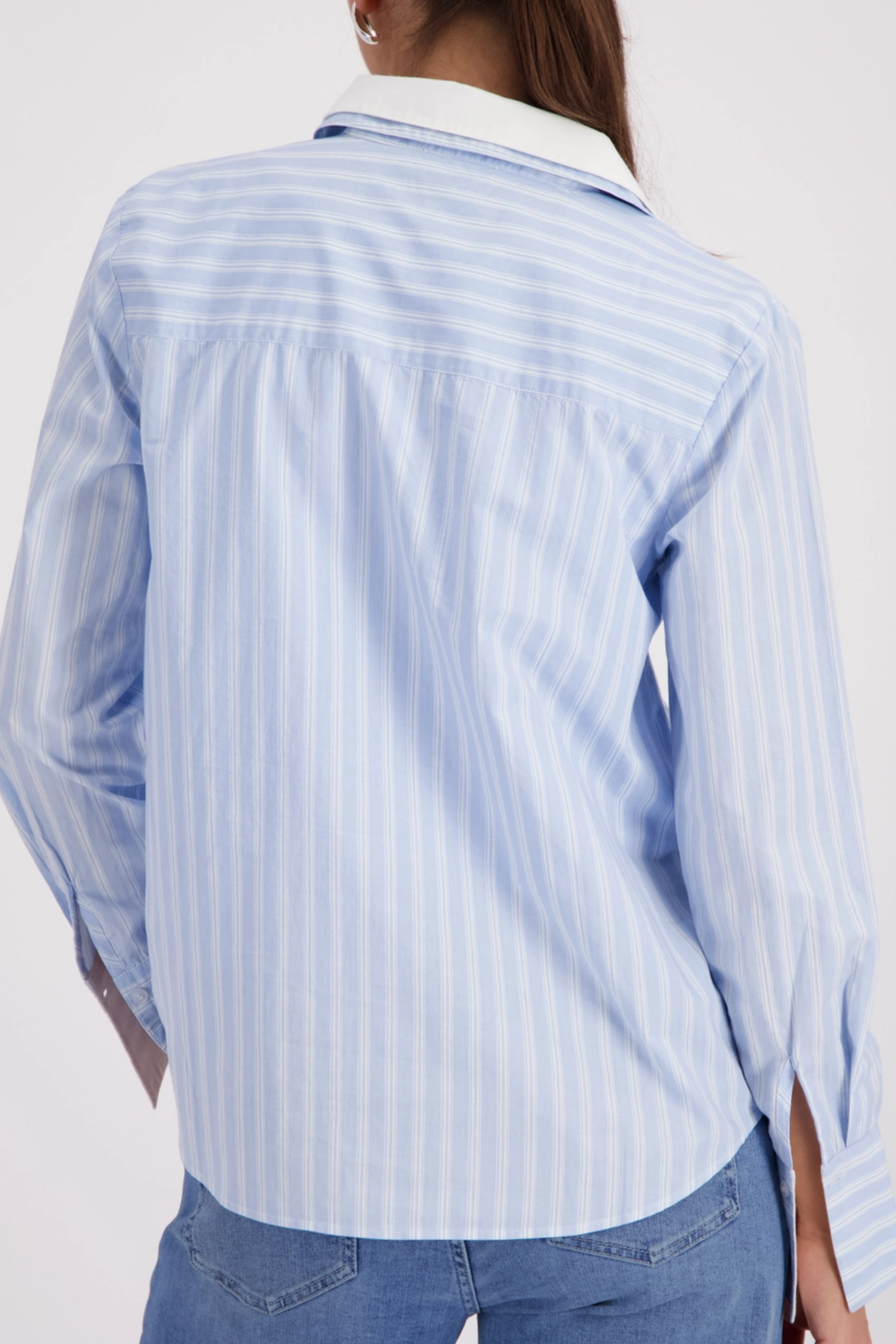 Monari 410358 Blue & White Striped Cotton Shirt back view featuring contrast collar, shop Monari at Dotique