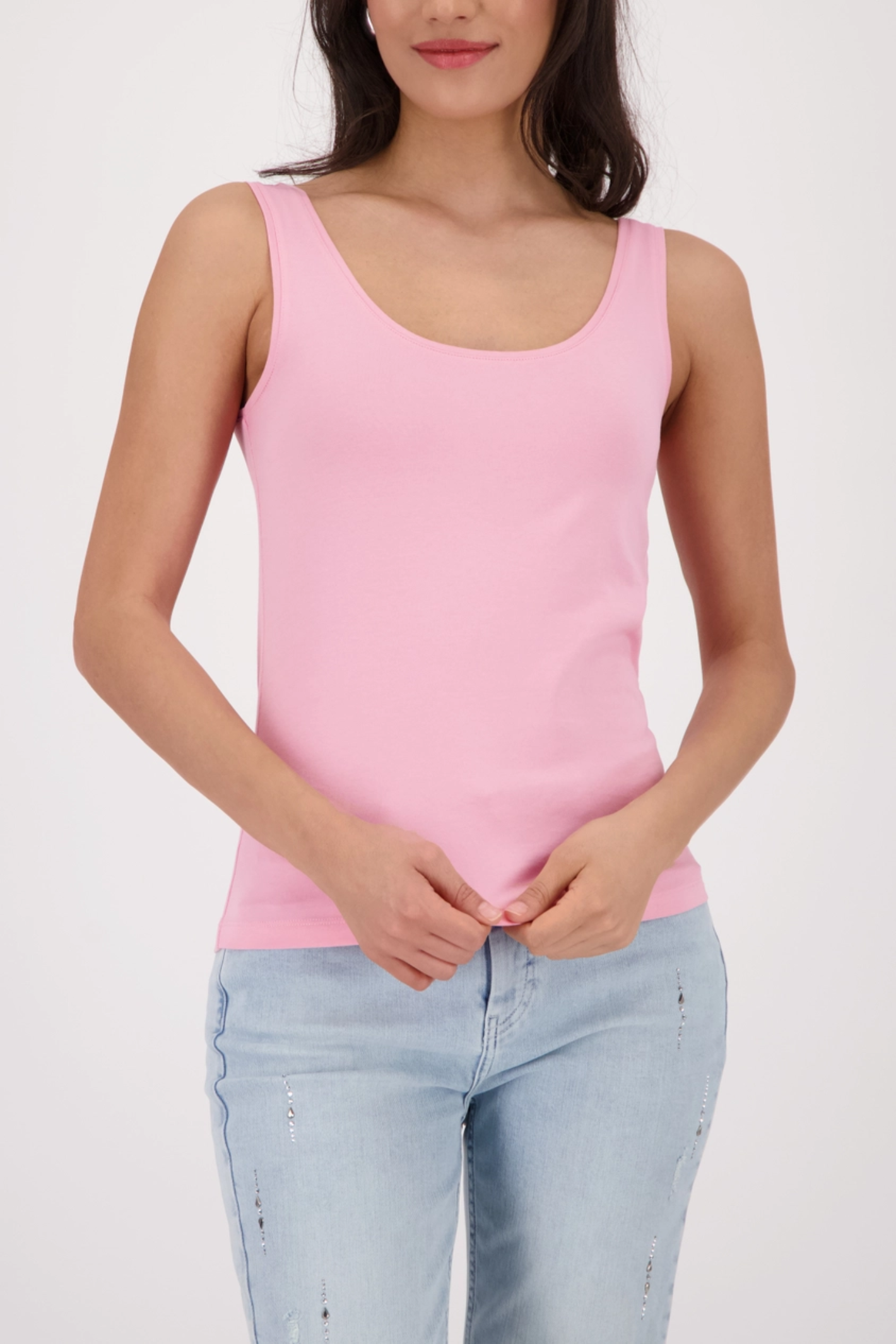 Monari 410372 Basic Cotton Stretch Vest Top Spring Flower worn by woman in pink, shop Monari at Dotique.