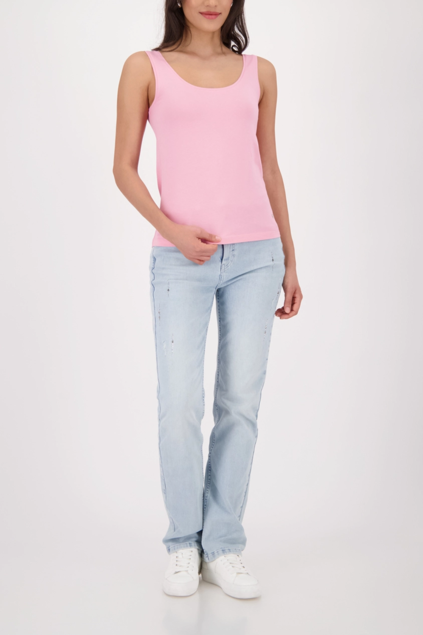 Model wearing a pink Monari 410372 Basic Cotton Stretch Vest Top Spring Flower by Monari, shop Monari at Dotique