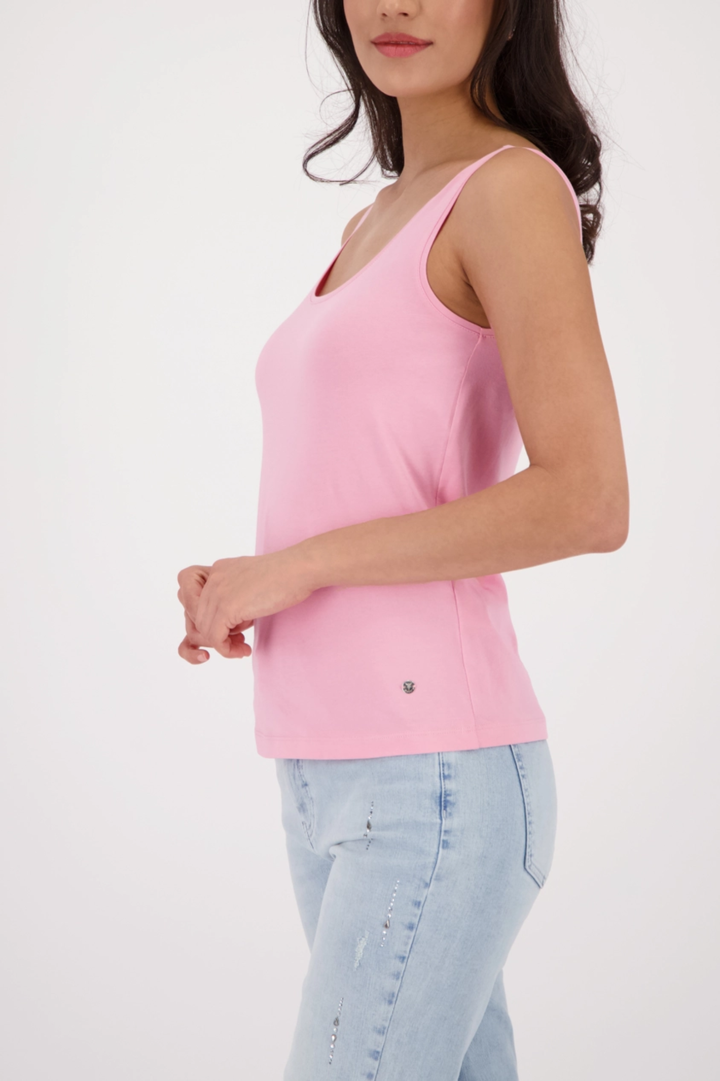 Monari 410372 Basic Cotton Stretch Vest Top Spring Flower in pink worn by model, Shop Monari at Dotique.