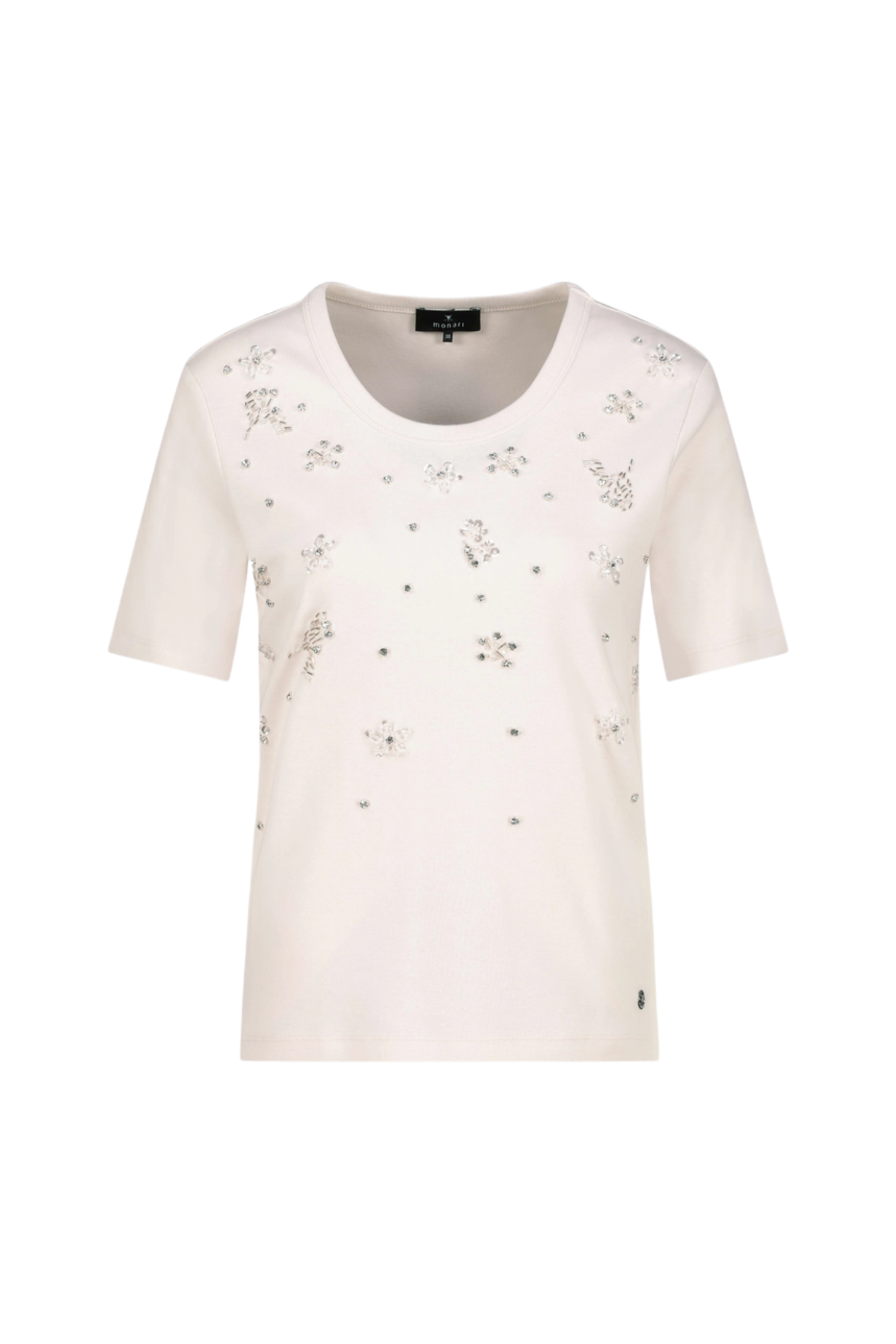 Monari 410412 Embellished Cotton T-Shirt in Off-White with delicate jewellery-style details, shop Monari at Dotique