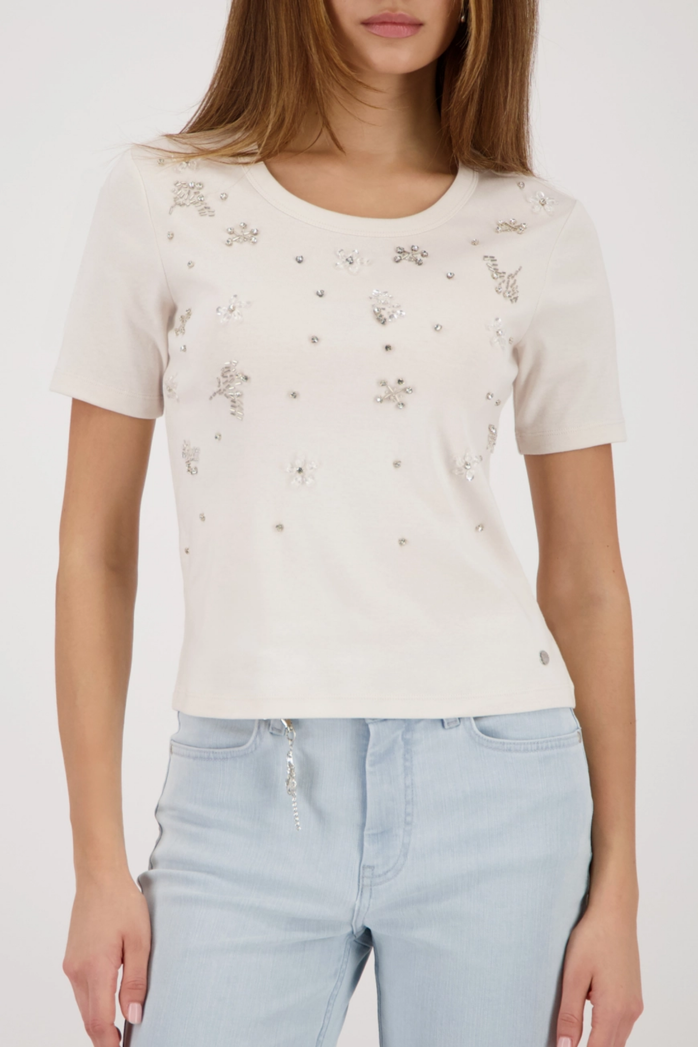 Monari 410412 Embellished Cotton T-Shirt in Off-White with subtle sparkle, shop Monari at Dotique