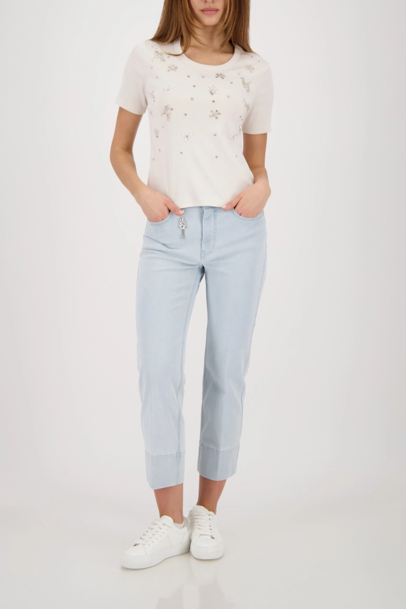 Monari 410412 Embellished Cotton T-Shirt in Off-White worn by model with light jeans, shop Monari at Dotique
